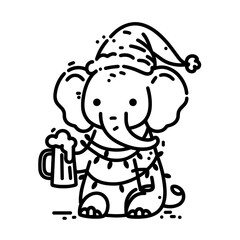  Elephant wear santa claus hat tangled wrap around with Christmas lights holding a beer mug in christmas party   