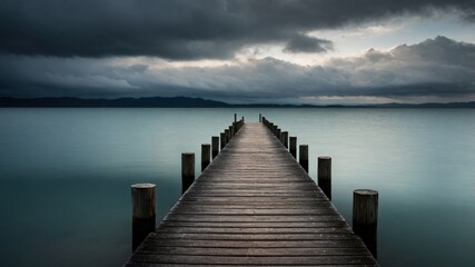 Fototapeta premium Wooden Pier Extending into Calm Misty Lake 