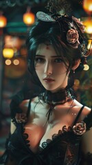 Fototapeta premium A stunning model showcases a detailed cosplay outfit with vibrant surroundings