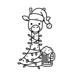  Giraffe wear santa claus hat tangled wrap around with Christmas lights holding a beer mug in christmas party   