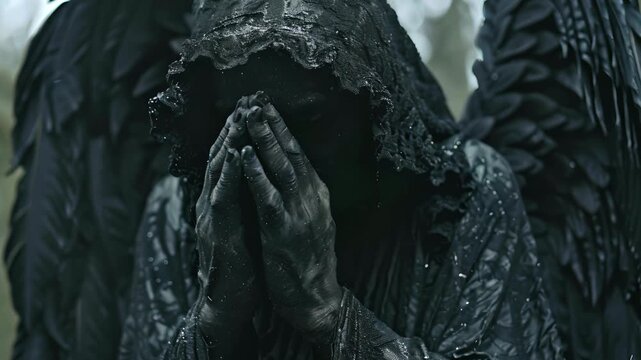 Close-up of a black cloaked Angel with large black wings praying