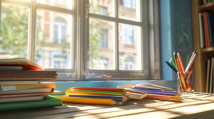 Books and pencils on the school table against the window
