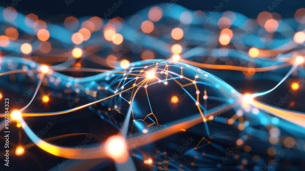 Poster abstract representation of interconnected networks with glowing nodes and lines in a dark futuristic