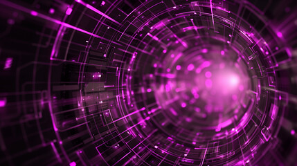 Obraz premium A purple image of a tunnel with a bright light at the end. The tunnel is filled with many lines and dots, giving it a futuristic and technological feel