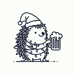 Naklejka premium Hedgehog wear santa claus hat tangled wrap around with Christmas lights holding a beer mug in christmas party 