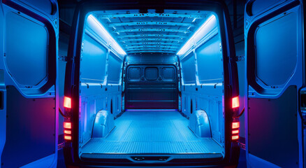 Empty delivery van waiting to be loaded with packages inside a warehouse