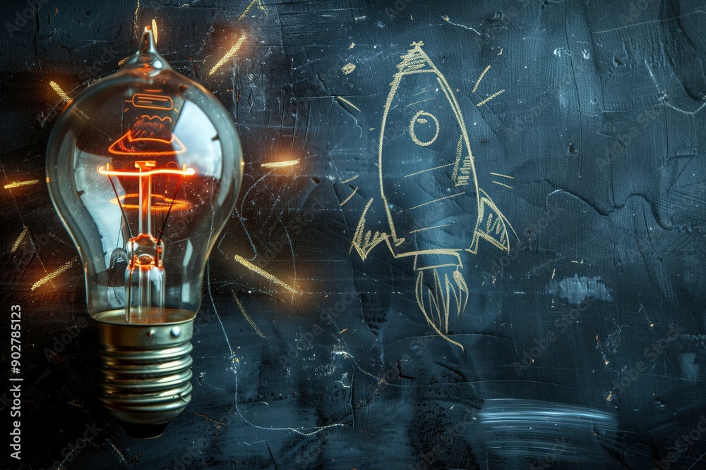 Wall mural simple sketch of a lightbulb with a rocket inside, [startup idea], [business concept], no logo, no t