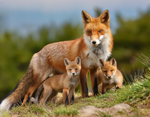 Fototapeta premium Portrait of a fox with cubs. A family of foxes
