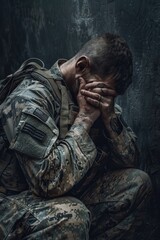 Obraz premium A person wearing camouflage clothing sits on the ground, covering their face with their hands