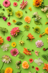 Fototapeta premium vibrant collection of mixed flowers arranged on bright green background