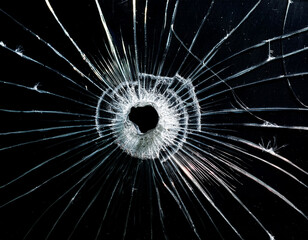 Obraz premium Close-up of the hole left by the bullet after passing through the glass. A bullet hole in the window