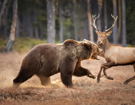 A brown bear attacks a deer. A bear runs after a deer