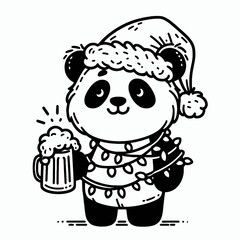 Obraz premium Panda wear santa claus hat tangled wrap around with Christmas lights holding a beer mug in christmas party 