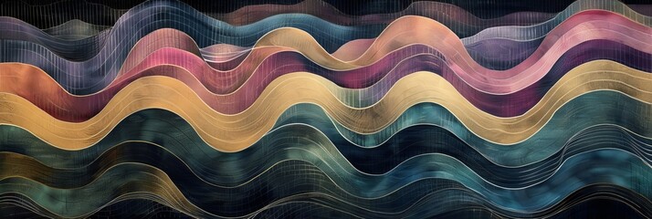 A detailed view of a multihued wallpaper featuring undulating lines resembling mountains or waves