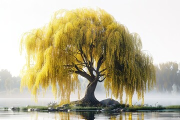 A large tree with yellow leaves is growing on a rock in a lake