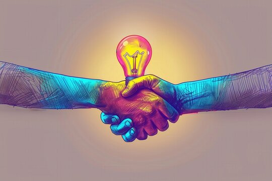 Line art of a handshake with lightbulb, [Business Partnership], [Collaborative Idea], No logo, No Trademark, No text, minimal concept with copy space for stock photo