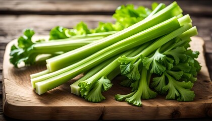 Obraz premium Raw Green Organic Celery on a rustic wooden board, low angle view. 