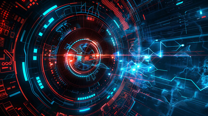 Obraz premium A colorful, abstract image of a circle with a red and blue center. The circle is surrounded by a variety of different colors and shapes, creating a sense of movement and energy