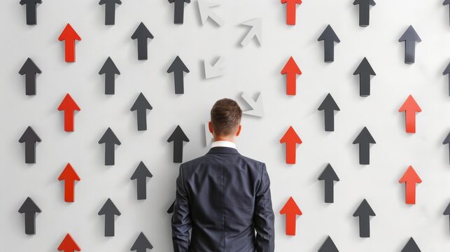 Inspirational young entrepreneur, standing tall before a wall filled with arrows indicating diverse business goals and success milestones