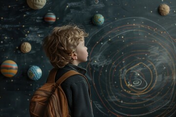 Naklejka premium Outline of a child with solar system sketches, [Space Science], [Primary Education], No logo, No Trademark, No text, minimal concept with copy space for stock photo