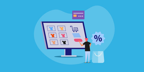 Shopping people browsing product online, discount offer and credit card purchase, clicks on buy button digital ecommerce system, vector illustration.