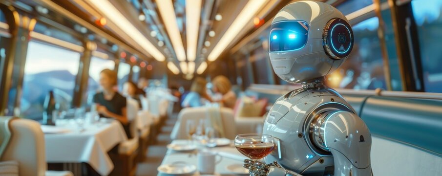 Futuristic scene of a robot waiter serving food in a modern train dining car