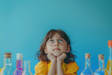 Minimalistic child thinking with chemistry flasks, [Chemistry], [Creative Brainstorming], No logo, No Trademark, No text, minimal concept with copy space for stock photo