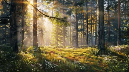 Fototapeta premium silent forest spring , beautiful bright forest spring , spring forest scenery , silent and peaceful forest in spring , beautiful bright colors of spring forest