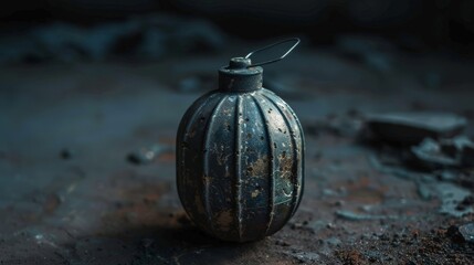 A close-up of a grenade with its pin slightly pulled out on a dark background