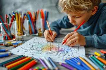 Basic sketch of a child drawing a science experiment, [Primary Student], [Creative Education], No logo, No Trademark, No text, minimal concept with copy space for stock photo