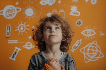 Minimalist illustration of a child thinking with science symbols, [Science Brainstorm], [Creative Thought], No logo, No Trademark, No text, minimal concept with copy space for stock photo