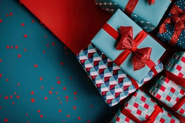 Obraz premium top view, festive christmas gift boxes wrapped in colorful paper with ribbons on a teal background