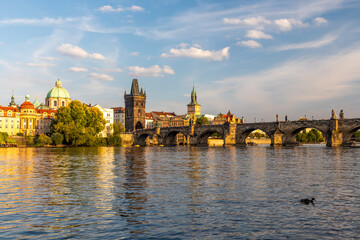 the river Vltava with the Charles Bridge and Old Town Bridge Tower, Prague, Czech republic
