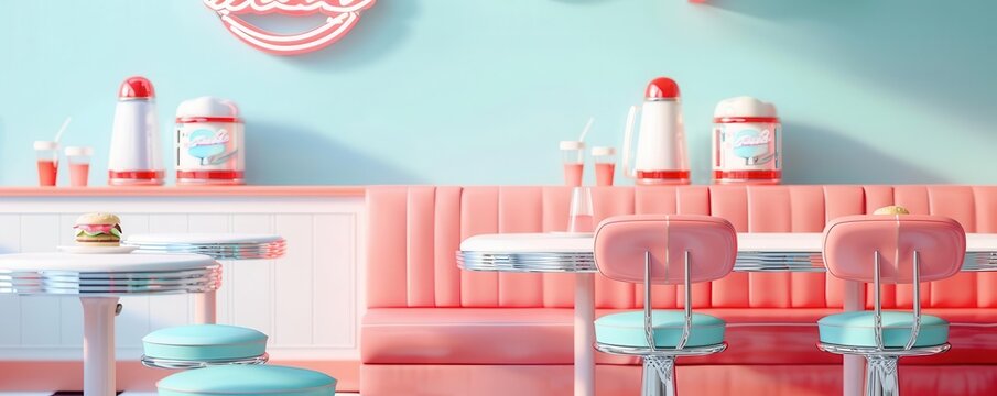 Rows of pink retro diner booths with a pastel blue counter and soft lighting.