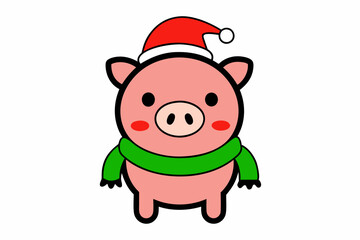 Charming Vector Line Art of a Christmas Pig in Santa Hat and Scarf on White Background