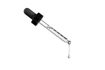 Drop of serum falls from glass pipette on white background