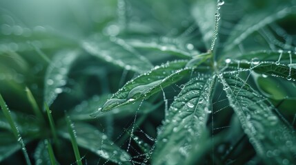 Obraz premium A detailed macro image of green leaves adorned with sparkling dew drops, highlighting the freshness, beauty, and tranquillity of nature through an intricate and crisp visual.