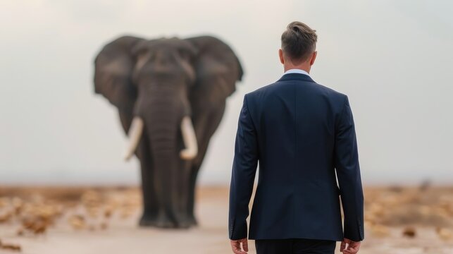 A businessman stands in awe before a majestic elephant on an open landscape, capturing the essence of nature and urban life.