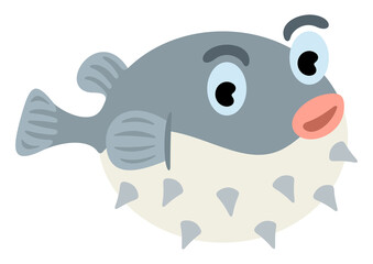 Fototapeta premium Cute fugu fish cartoon character. Animal, blowfish, puffer, underwater and nature, illustration