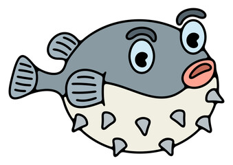 Cute fugu fish cartoon character. Animal, blowfish, puffer, underwater and nature, illustration