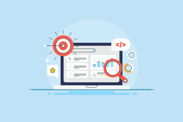 SEO Analysis Software dashboard display information, target audience, web traffic source and keyword data on laptop screen, vector illustration.