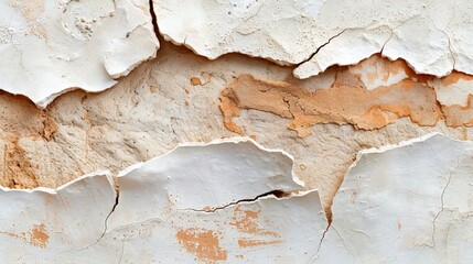 Fototapeta premium Close-up of a wall showing severe plaster damage, water stains, and dark spots from seepage, capturing the texture and decay intricately
