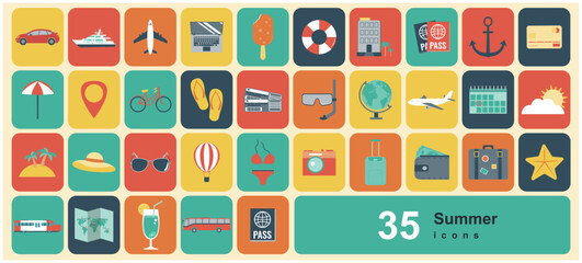 Summer holiday flat icons. Travel icons for business. Vector illustration