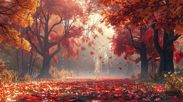Beautiful autumn landscape featuring a mix of red, orange, and yellow leaves, creating a stunning and serene fall setting.