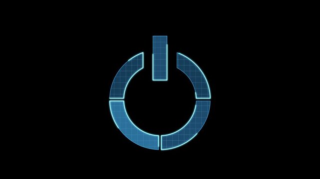 On off button icon motion animation, continuous seamless loop from 1 to 7 second mark, futuristic cyber technology look, neon laser lines on black background.