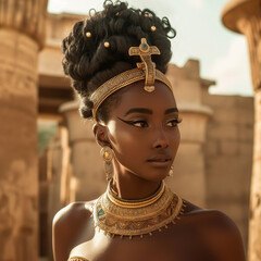 A beautiful black woman with an updo hairstyle,gold jewelry and a golden dress, standing in front of ancient Egyptian architecture. 