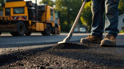 A road construction worker levels fresh asphalt with a shovel on a sunny day, emphasizing the process of paving and infrastructure development.
