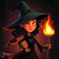 Cartoon Witch with Flaming Torch and Pointed Hat