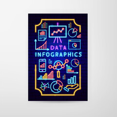 Data Infographics Neon Flyer. Vector Illustration of Analytics Promotion Concept.