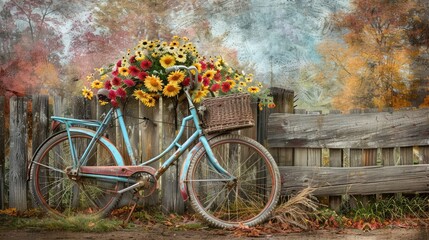 Fototapeta premium Bicycle with a basket of flowers, resting against a wooden fence, capturing the essence of a peaceful, rural setting.